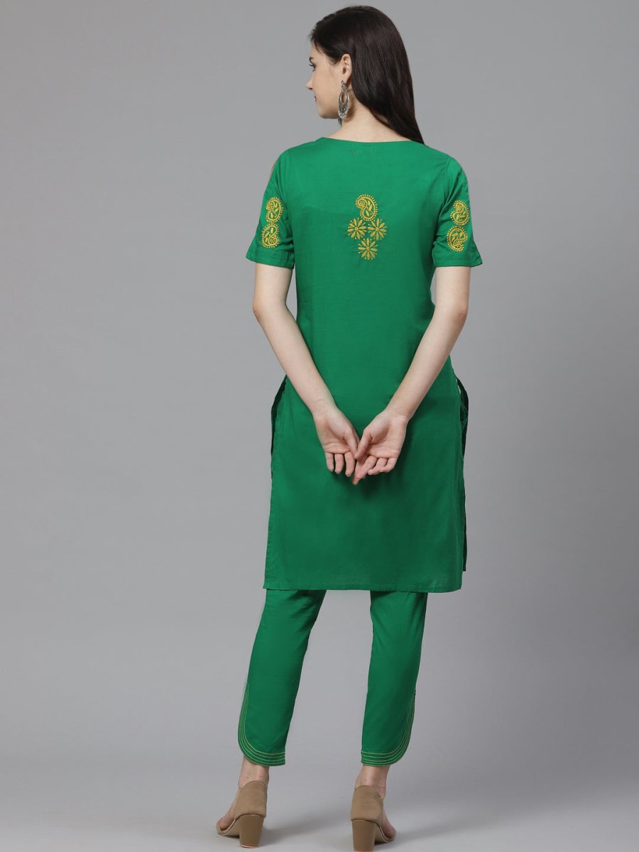 ADA Women Green & Yellow Paisley Chikankari Embroidered Sustainable Handloom Kurta with Trousers | Swadesiicart