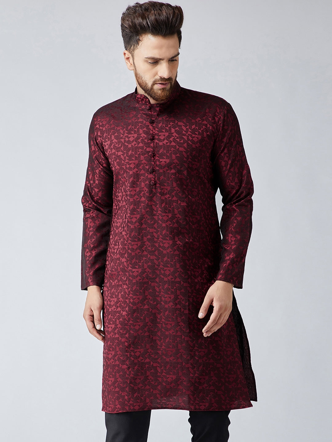 Sojanya Men Maroon Woven Design Straight Kurta | Swadesiicart