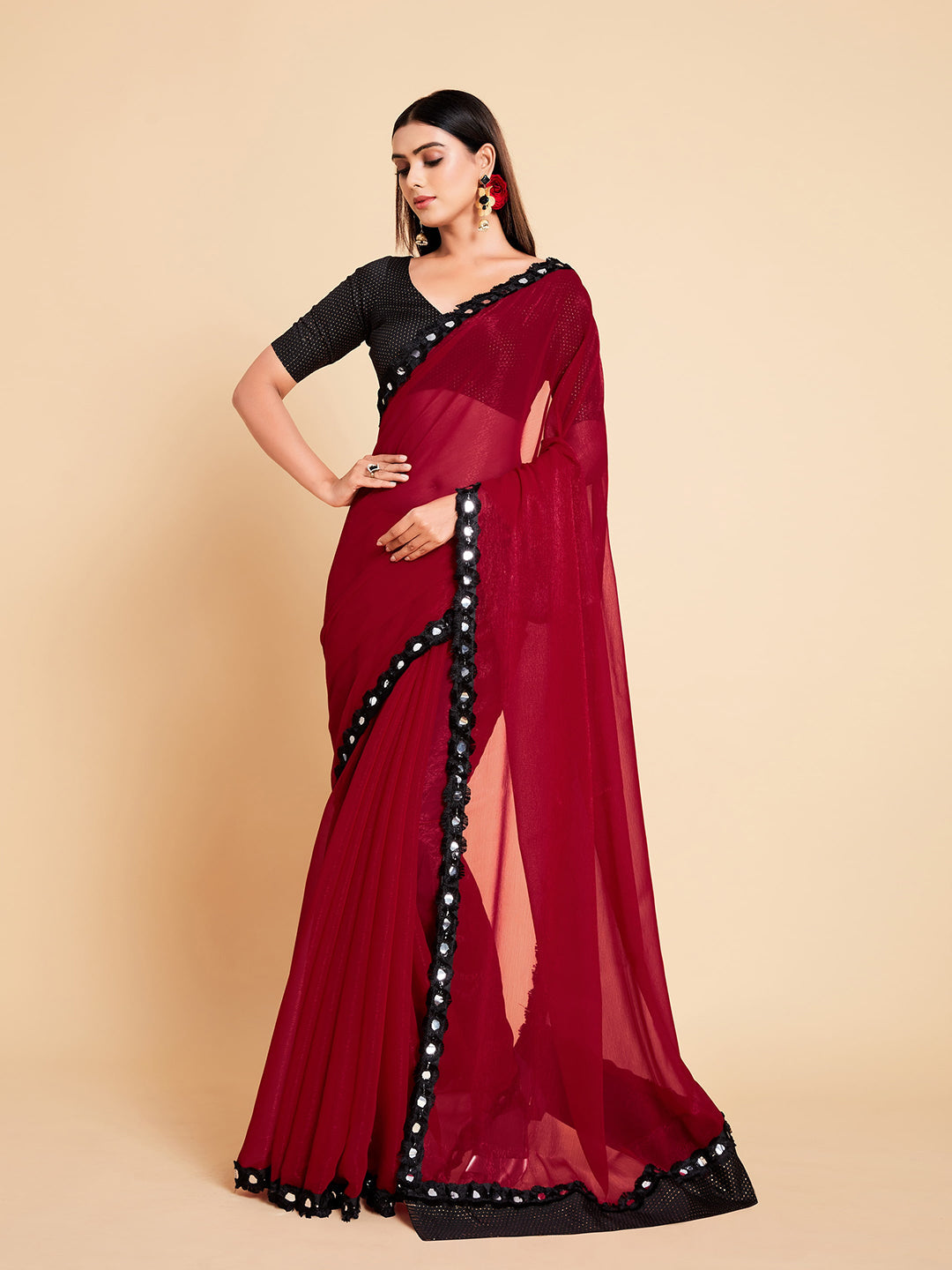 Sangria Women Red Ready to wear Saree | Swadesiicart