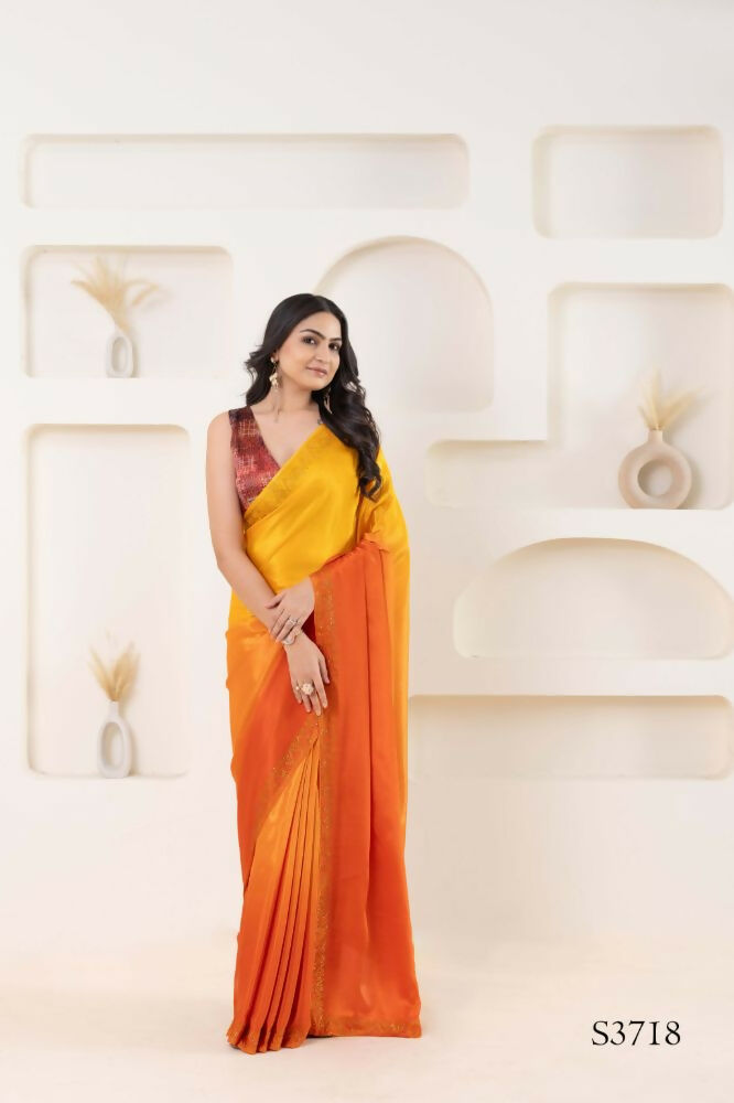Yellow Satin Pedding Designer, Printed Party Wear Ready To Wear Saree - Femina | Swadesiicart