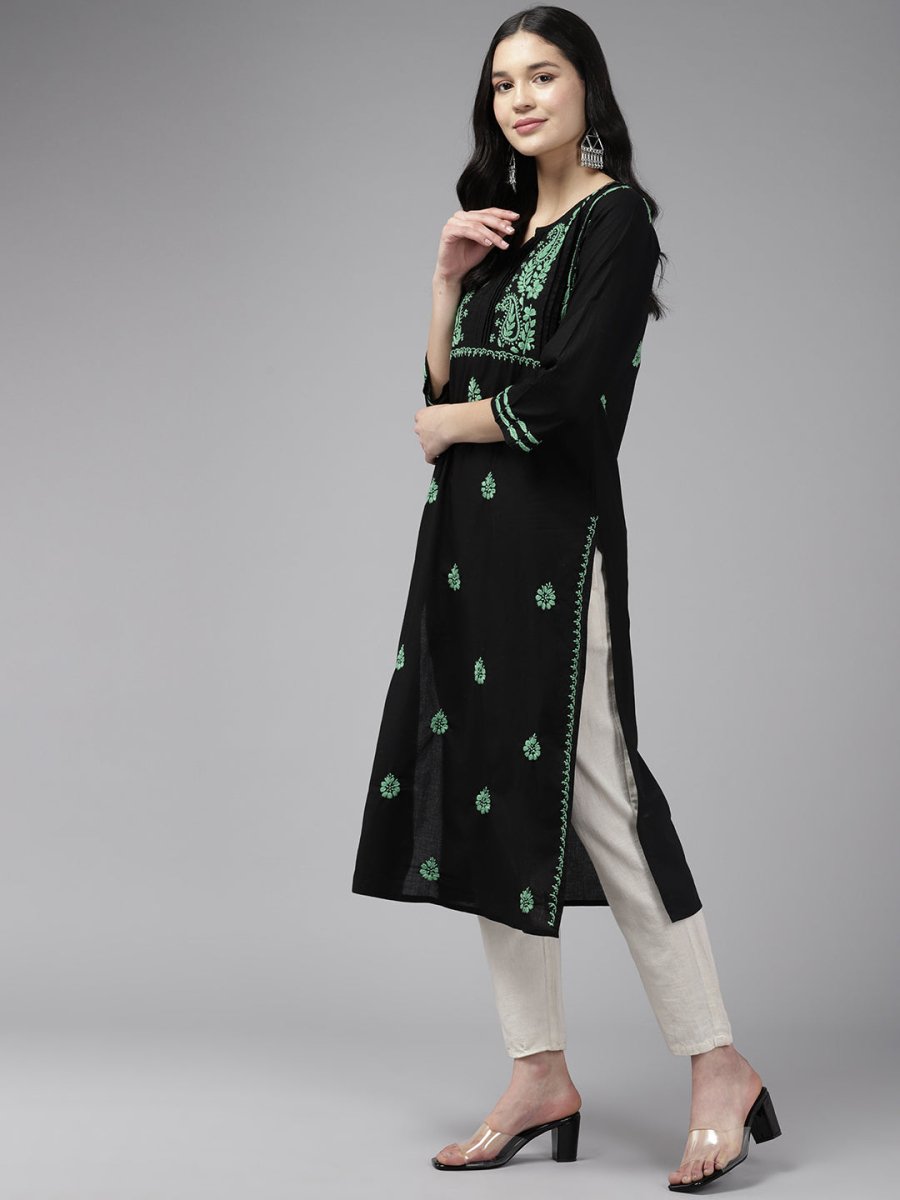 ADA Women Ethnic Motifs Embroidered Cotton Chikankari Floral Kurta | Swadesiicart