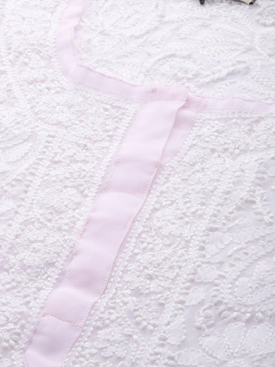 ADA Women Pink & White Chikankari Embroidered Handloom Kurta with Trousers | Swadesiicart