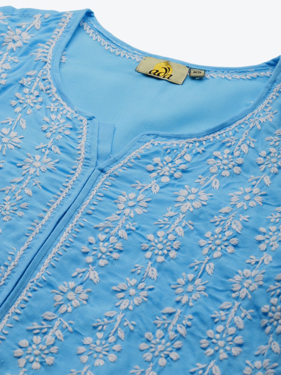 ADA Women Blue & White Ethnic Motifs Hand Embroidered Chikankari Handloom Kurta | Swadesiicart