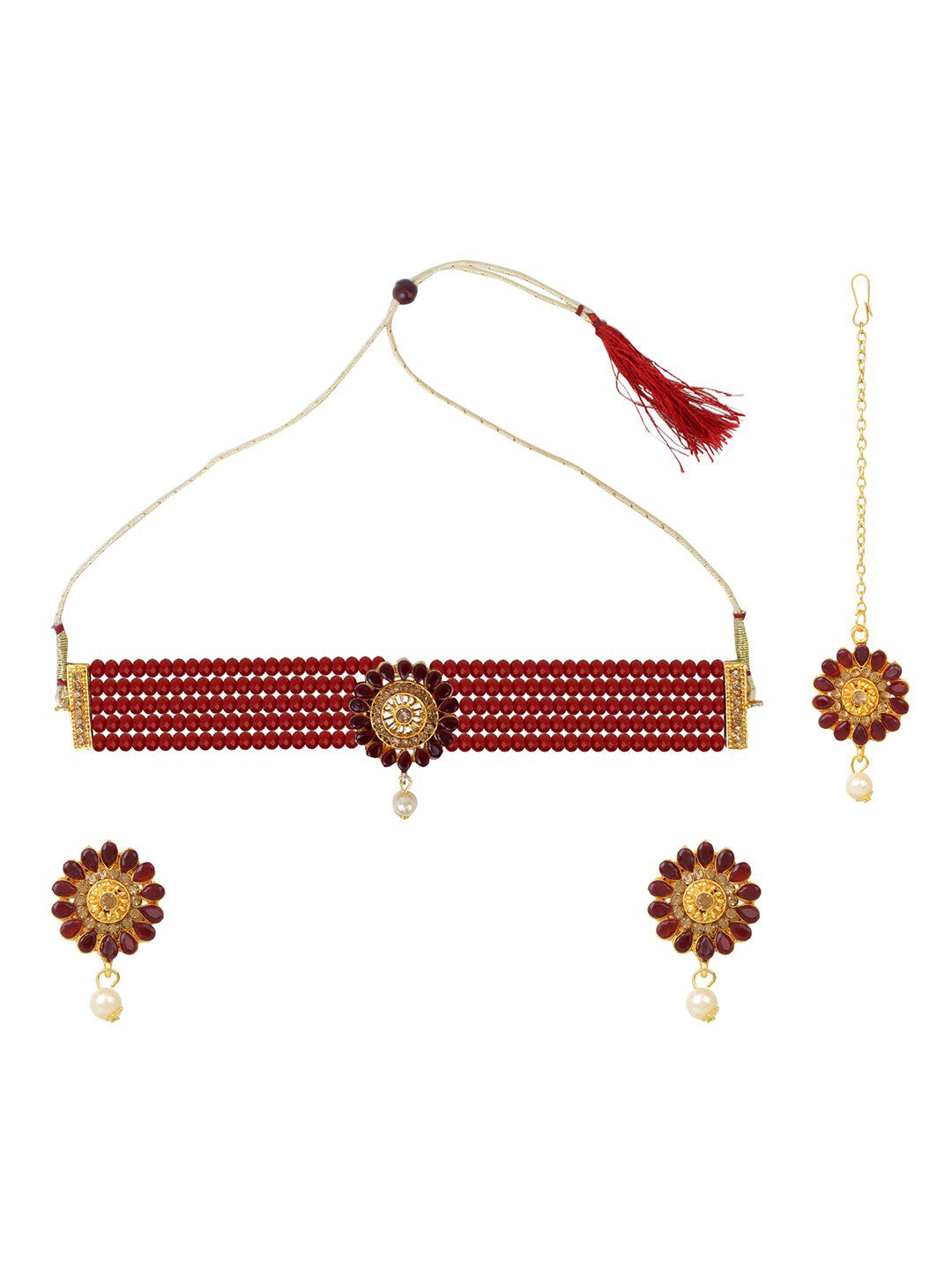 Cardinal Gold-Polished Maroon Onyx-Studded & Beaded Jewellery Set - Swadesiicart