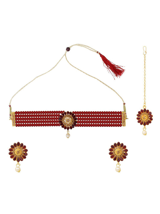 Cardinal Gold-Polished Maroon Onyx-Studded & Beaded Jewellery Set - Swadesiicart