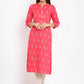 HERE&NOW Pink Mandarin Collar Ethnic Motifs Printed Pure Cotton Kurta - Swadesiicart