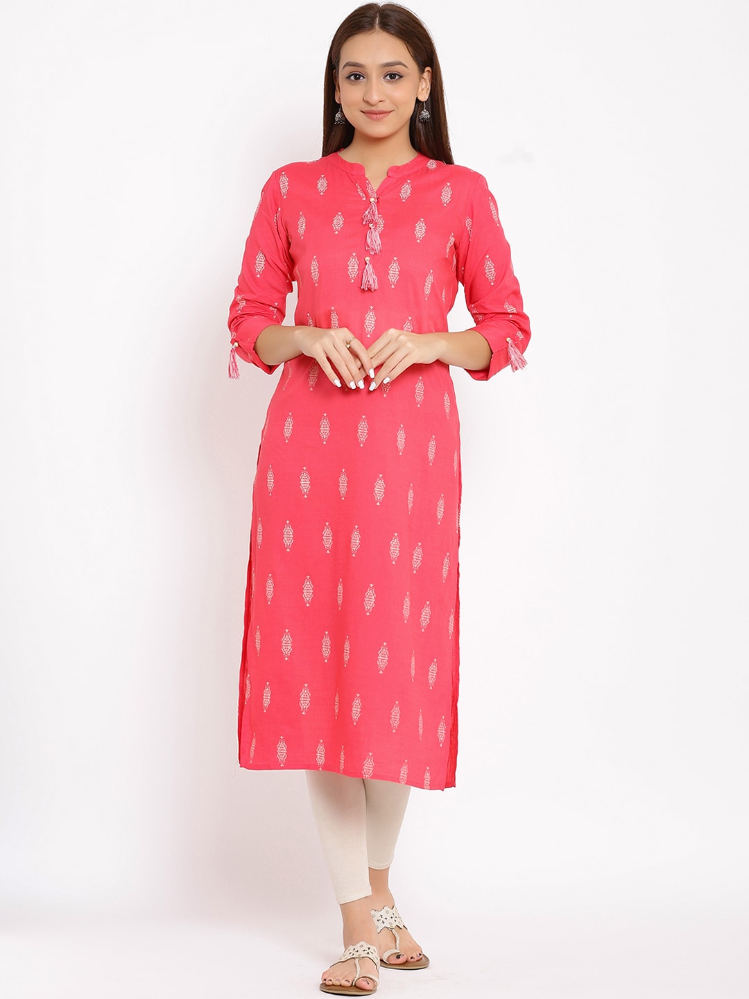 HERE&NOW Pink Mandarin Collar Ethnic Motifs Printed Pure Cotton Kurta - Swadesiicart