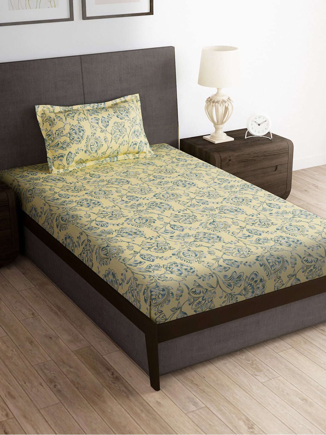 Story@home Cream-Coloured & Grey Floral Microfiber 180 TC Bedsheet & Pillow Cover - Swadesiicart