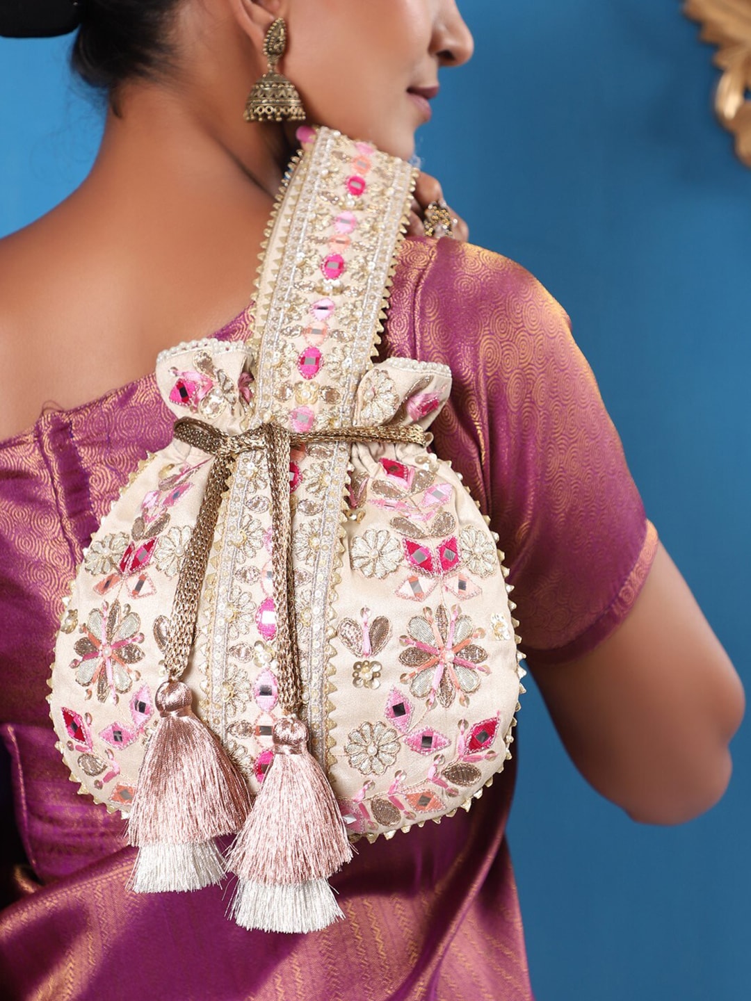 Masq Beige & Pink Embroidered Potli Clutch - Swadesiicart