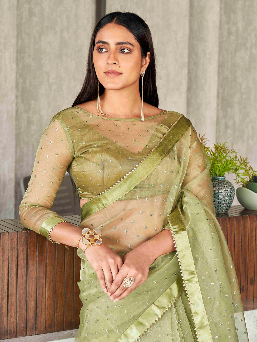 Tikhi Imli Sequinned Organza Saree | Swadesiicart