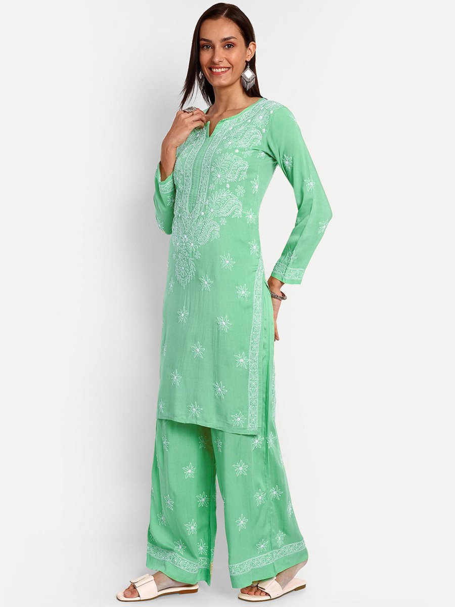 ADA Floral Embroidered Long Sleeves Regular Lucknowi Chikankari Kurta With Palazzos | Swadesiicart