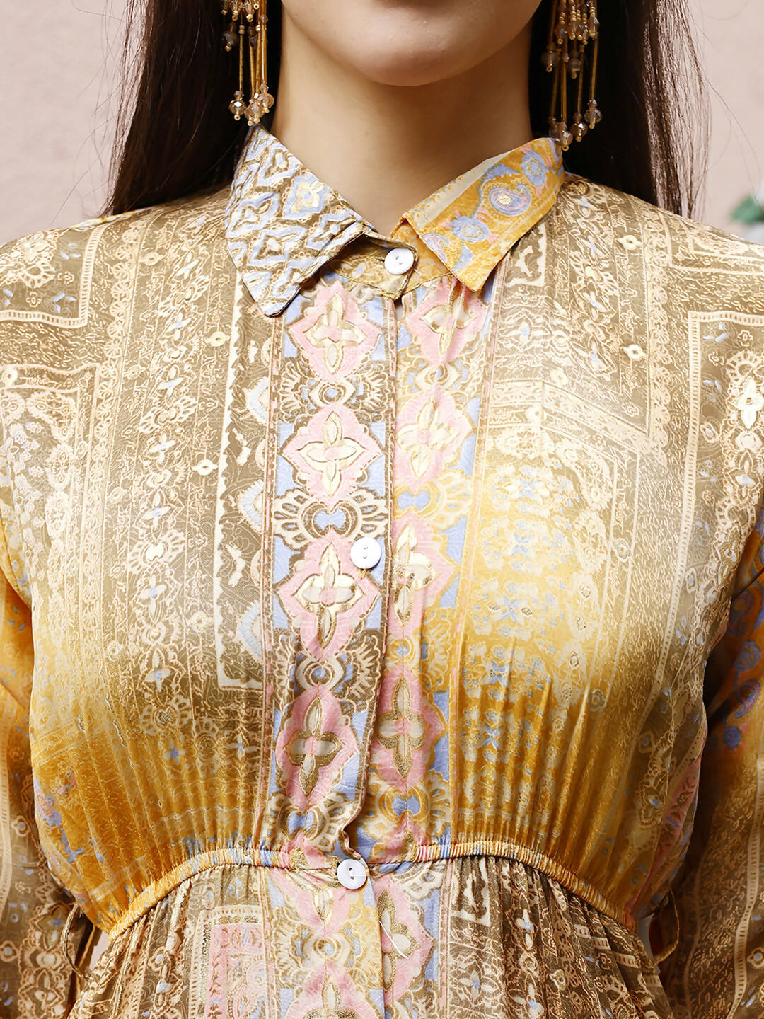 Mustard Crepe Foil Printed Long Dress - Michan | Swadesiicart