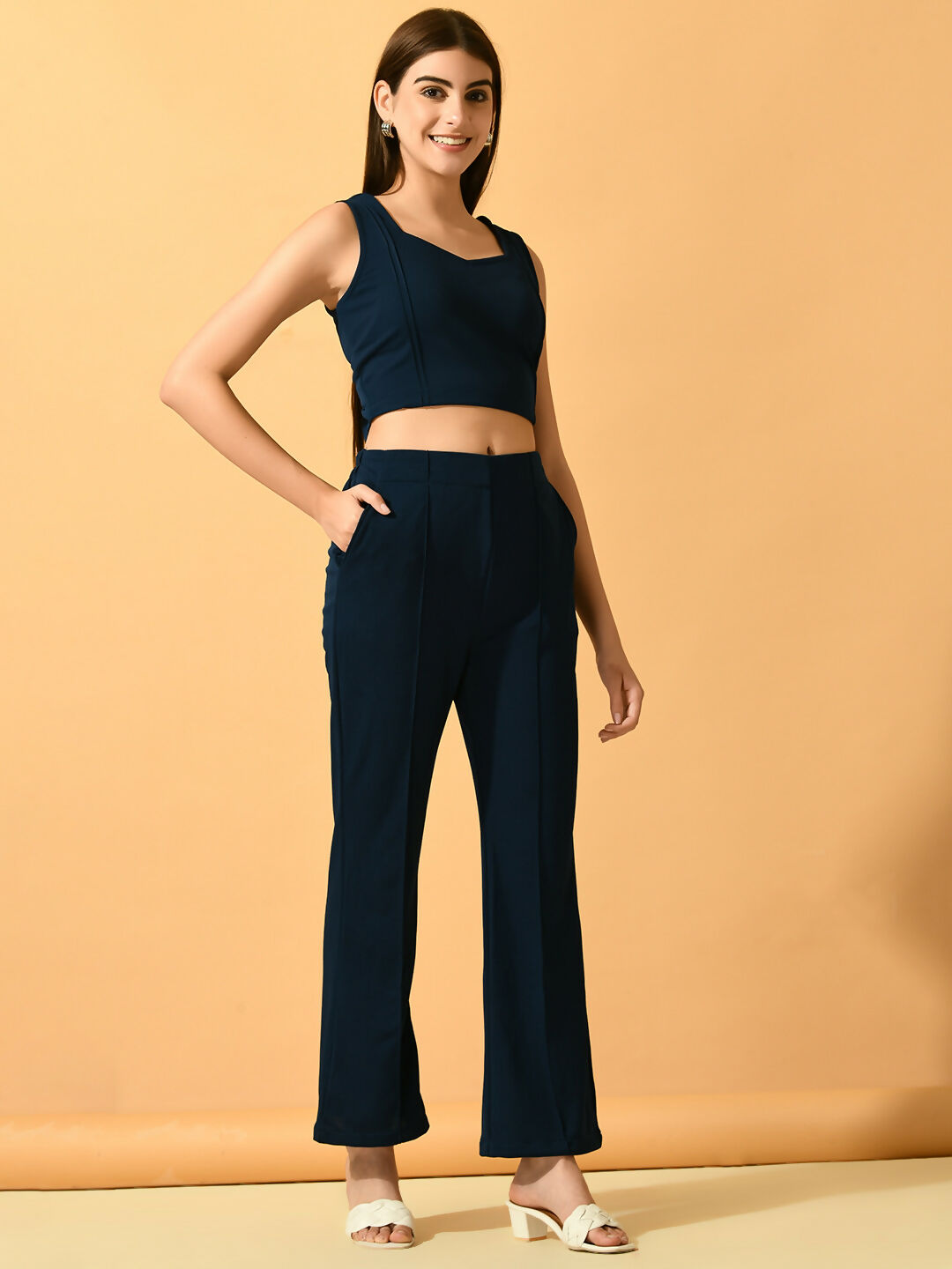 Myshka Women's Navy Blue Solid Top With Trousers - Swadesiicart