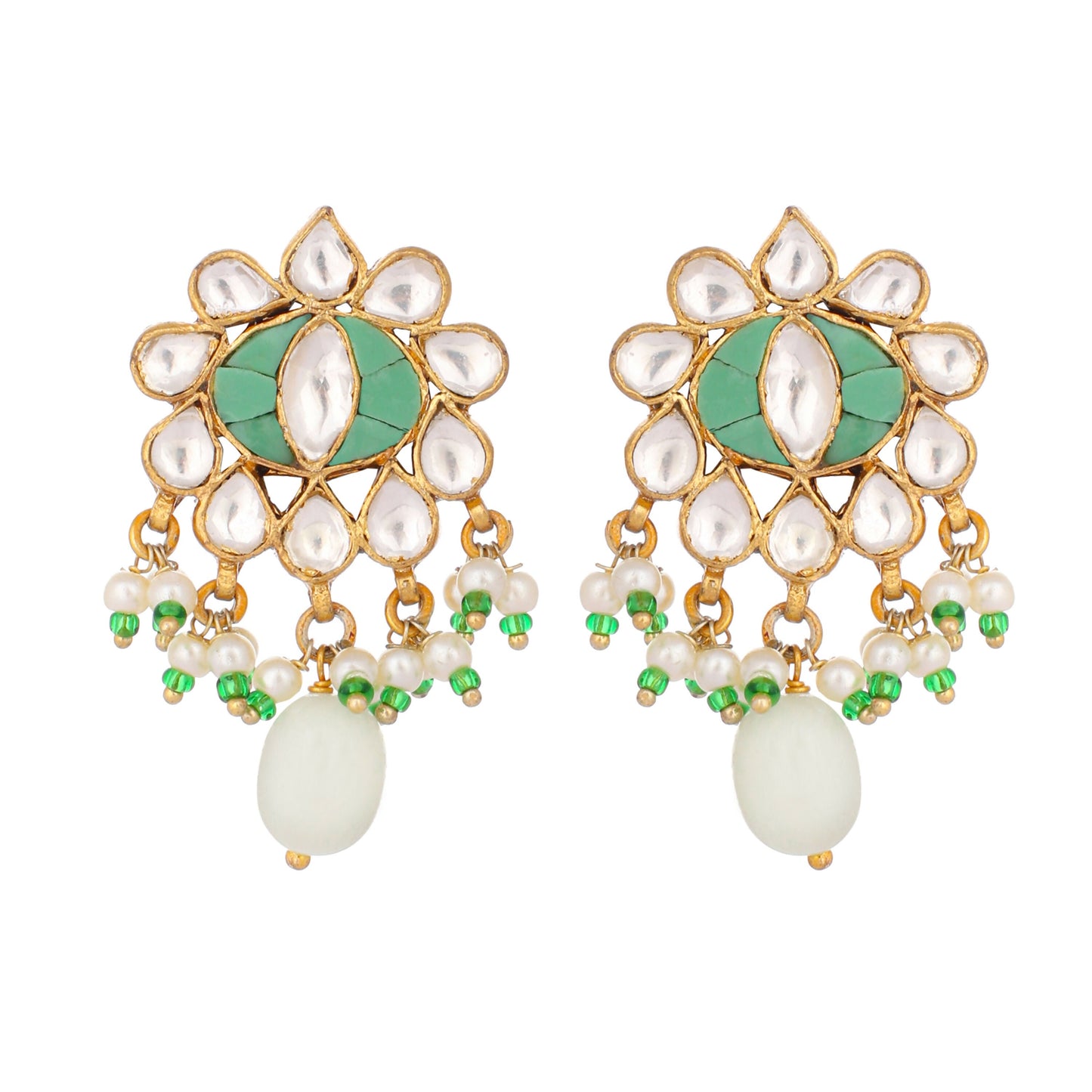 Nuyug 22K Gold Plated Semi Precious Green Stone Studded Pearl Drop Stud Earrings | Swadesiicart