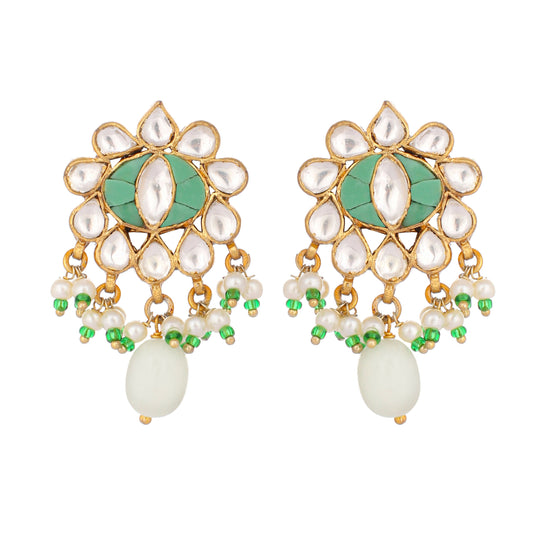 Nuyug 22K Gold Plated Semi Precious Green Stone Studded Pearl Drop Stud Earrings | Swadesiicart