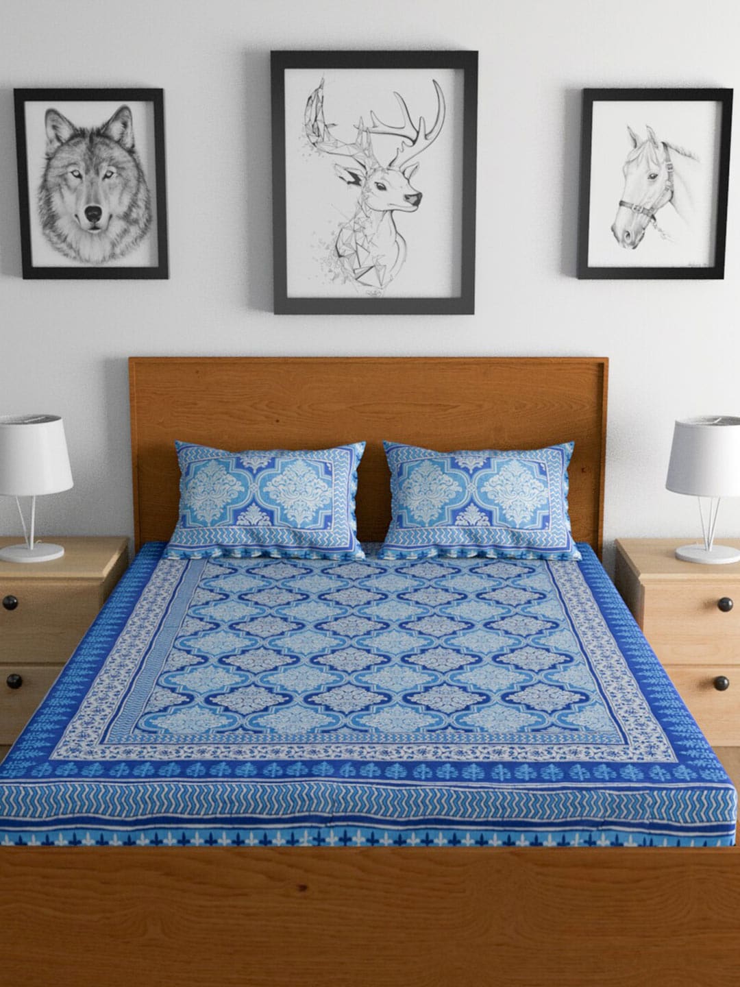 Urban Magic Blue Printed Cotton 104 TC King Bedsheet with 2 Pillow Covers - Swadesiicart