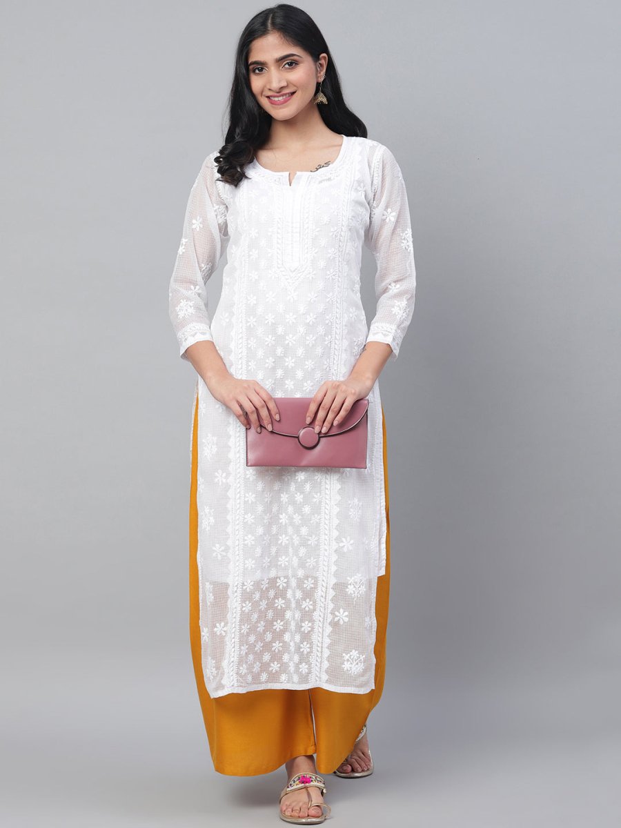 ADA Women White Chikankari Hand Embroidered Semi-Sheer Straight Kota Handloom Kurta | Swadesiicart