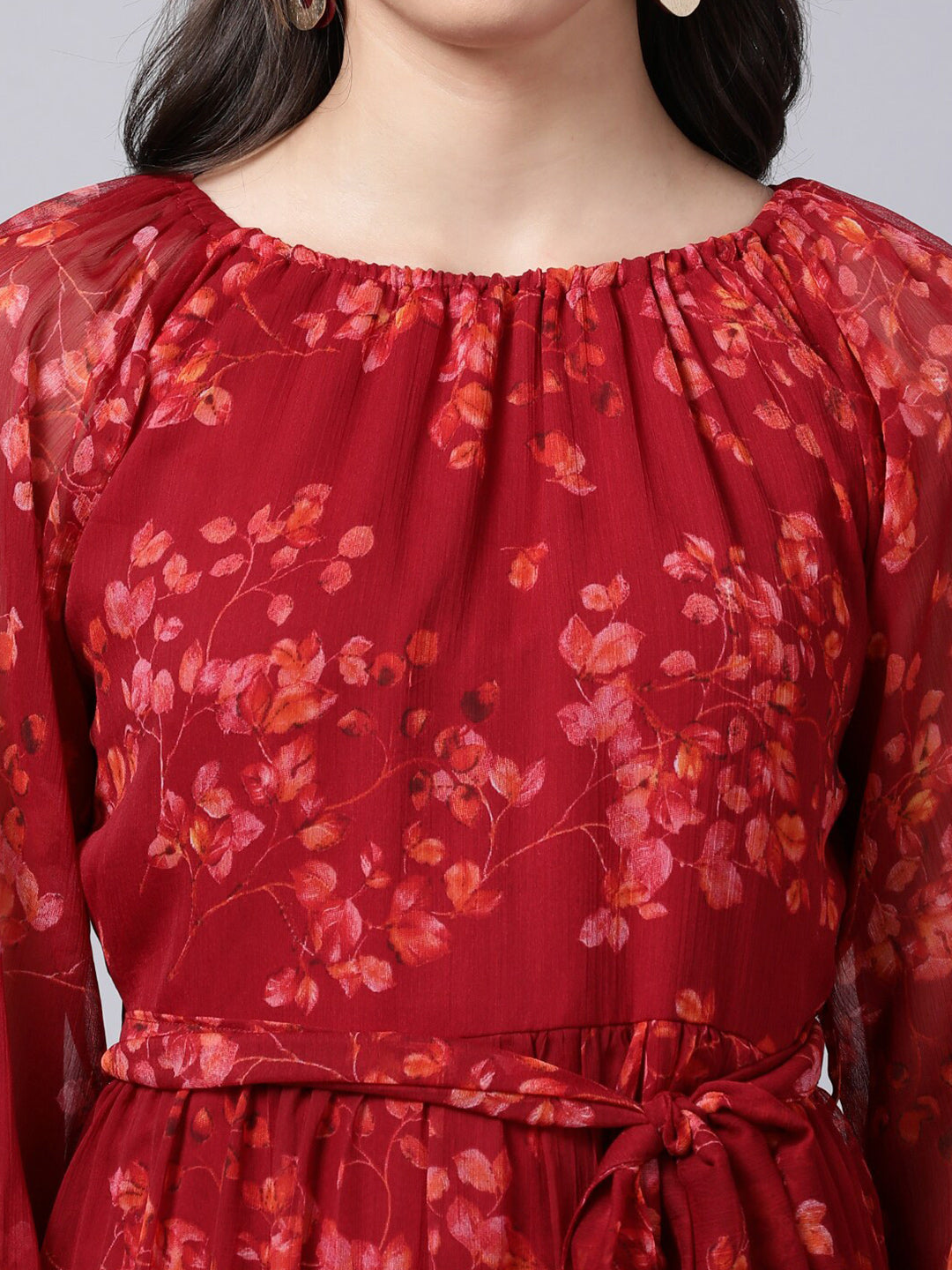 Souchii Maroon Floral Layered Chiffon A-Line Midi Dress - Swadesiicart