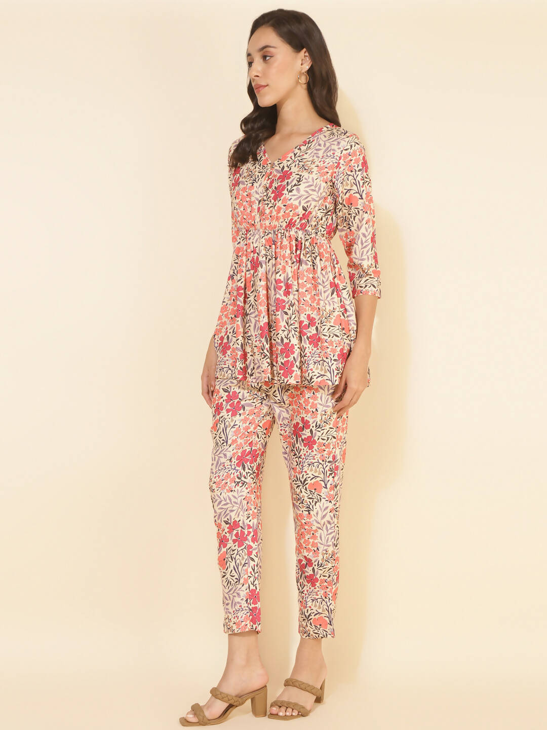 Janasya Women's Multicolor Moss Floral Printed Casual Flared Co-ords - Swadesiicart
