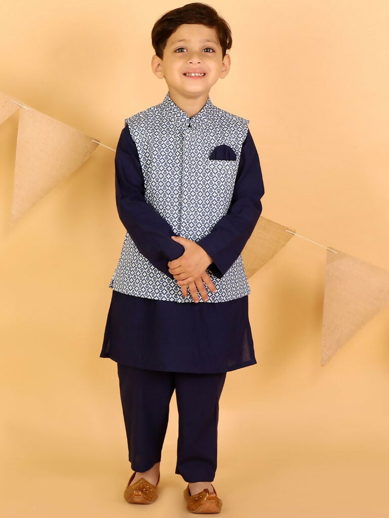 Lil Drama Boys Kurta pyjama with jacket set - Navy Blue | Swadesiicart