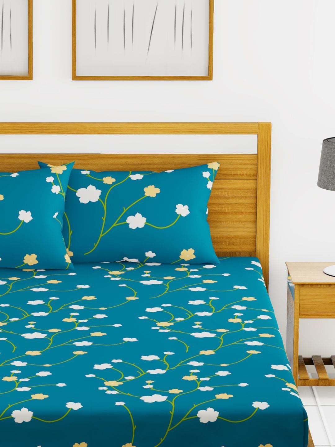 BIANCA Blue & Green Floral Printed 152 TC Cotton 110 GSM Micro-Peached King Bedsheet With 2 Pillow Cover - Swadesiicart