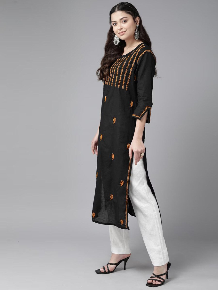 ADA Ethnic Motifs Embroidered Chikankari Cotton Straight Kurta | Swadesiicart