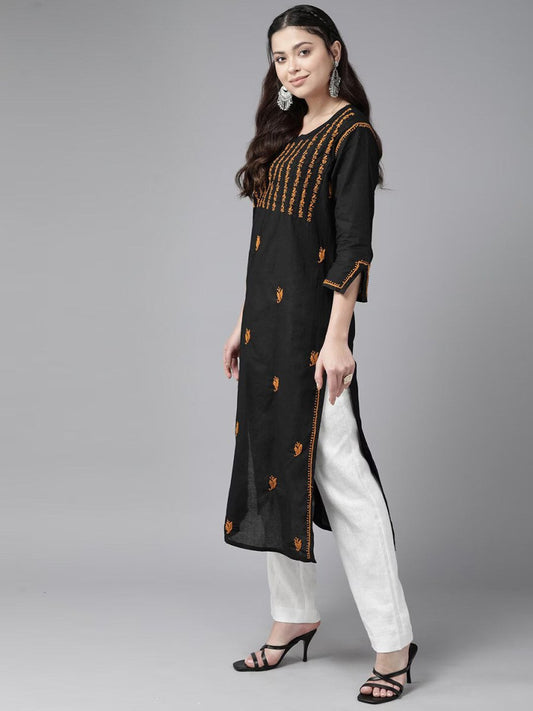 ADA Ethnic Motifs Embroidered Chikankari Cotton Straight Kurta | Swadesiicart
