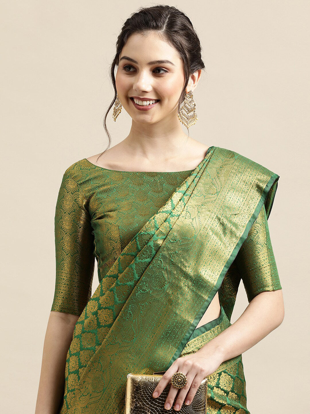 Saree Mall Green & Gold-Toned Woven Design Zari Silk Blend Banarasi Saree | Swadesiicart