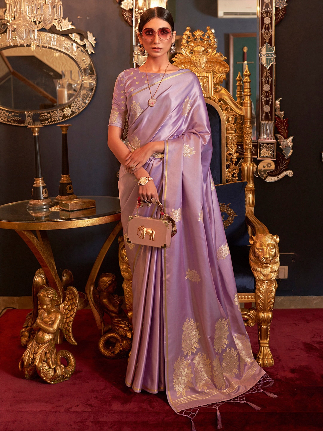 Mitera Purple & Gold-Toned Woven Design Pure Silk Banarasi Saree | Swadesiicart