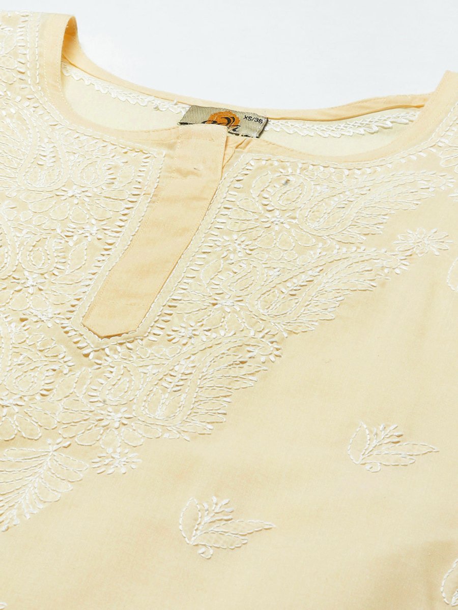 ADA Women Cream-Coloured & White Ethnic Motifs Embroidered Chikankari Cotton Kurta | Swadesiicart