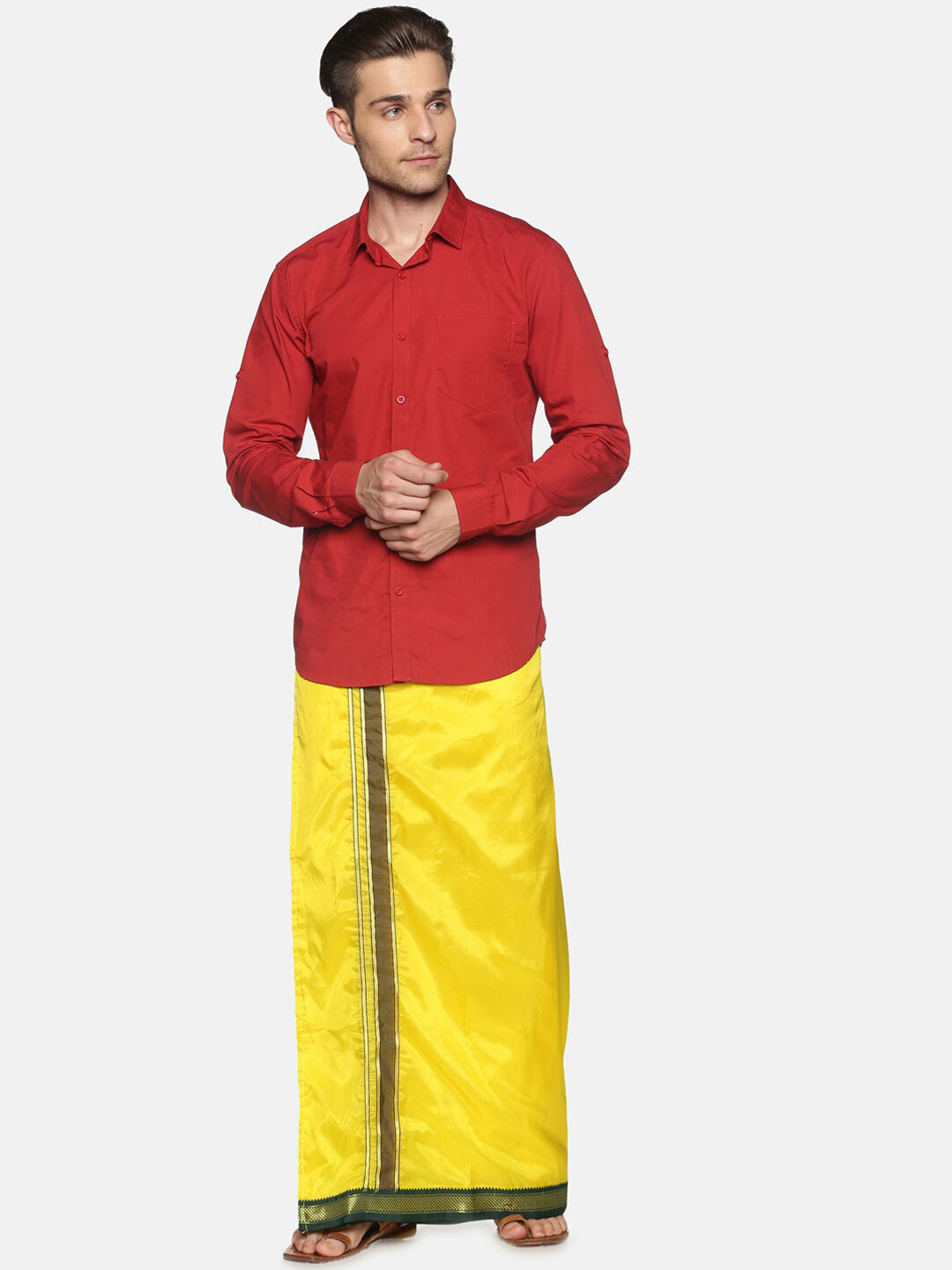 Sethukrishna Men Yellow & Green Solid Readymade Veshti Dhoti | Swadesiicart