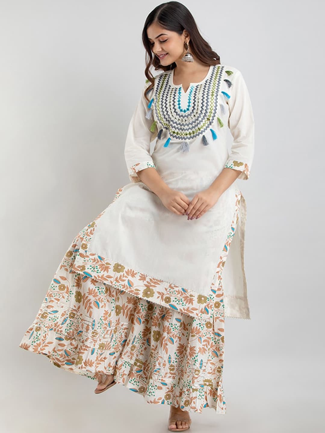 Kalini Off White Floral Yoke Desig Mirror Work Pure Cotton Kurta & Sharara With Dupatta | Swadesiicart