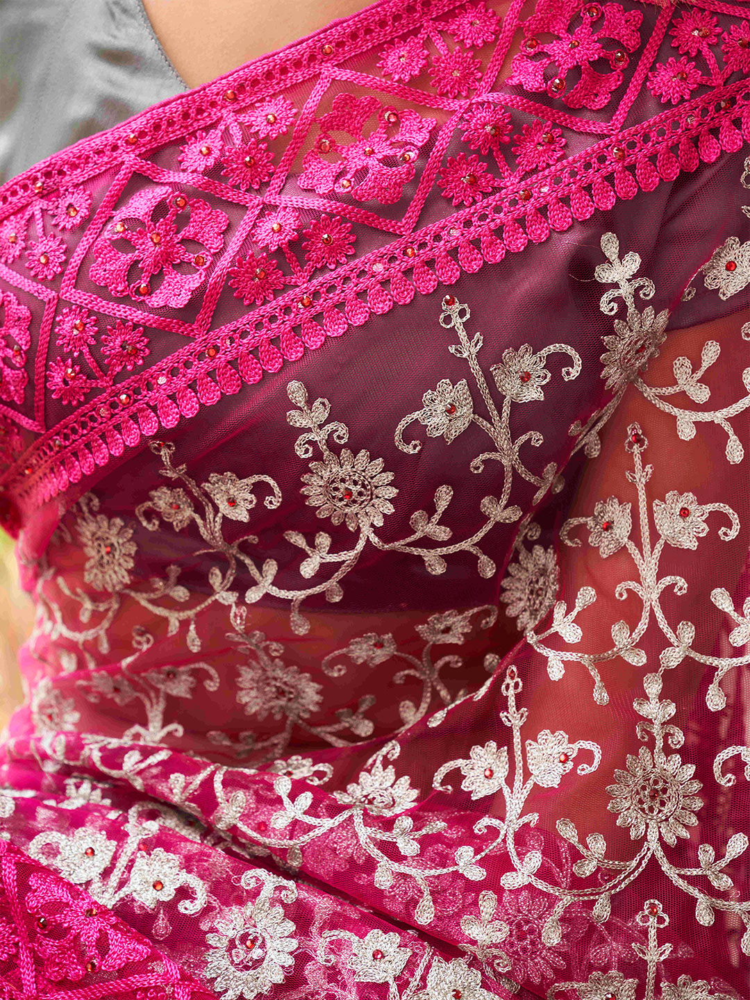 Tikhi Imli Embellished Beads and Stones Net Heavy Work Saree | Swadesiicart