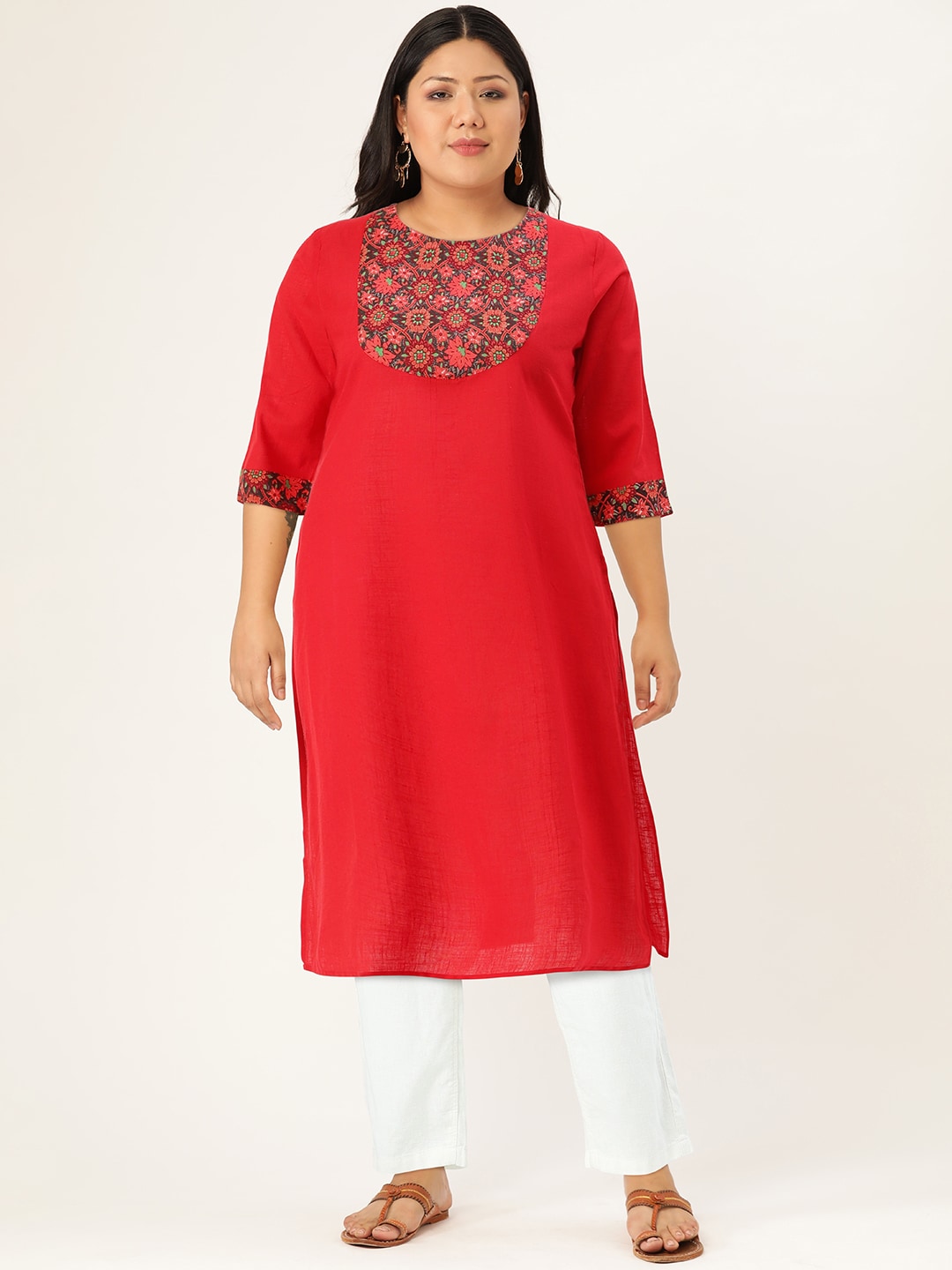 HERE&NOW Women Red & Black Yoke Design Pure Cotton Kurta - Swadesiicart