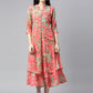 Souchii Women Pink & Green Floral Layered A-Line Midi Dress - SOUCHII