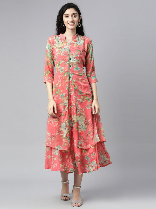 Souchii Women Pink & Green Floral Layered A-Line Midi Dress - SOUCHII