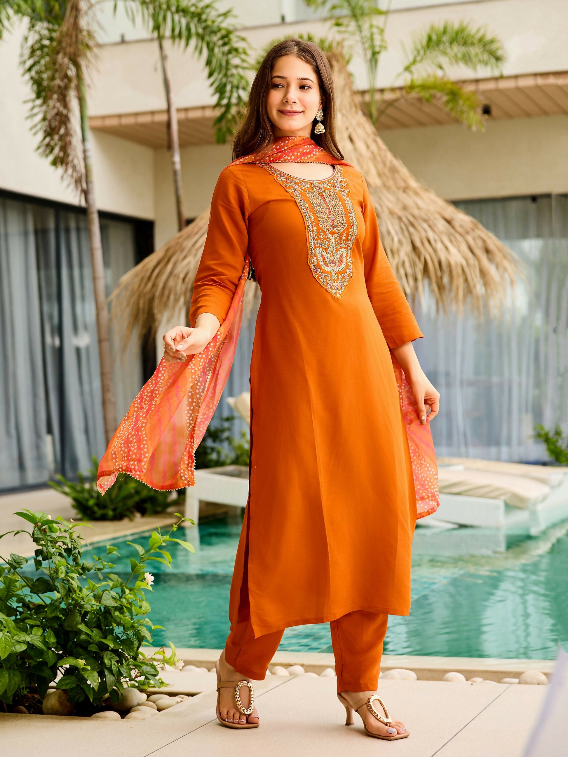 The52 Rust Women's Gorgeous Embroidered work Rayon Fabric Straight Kurta, Pant and Dupatta Set - Swadesiicart