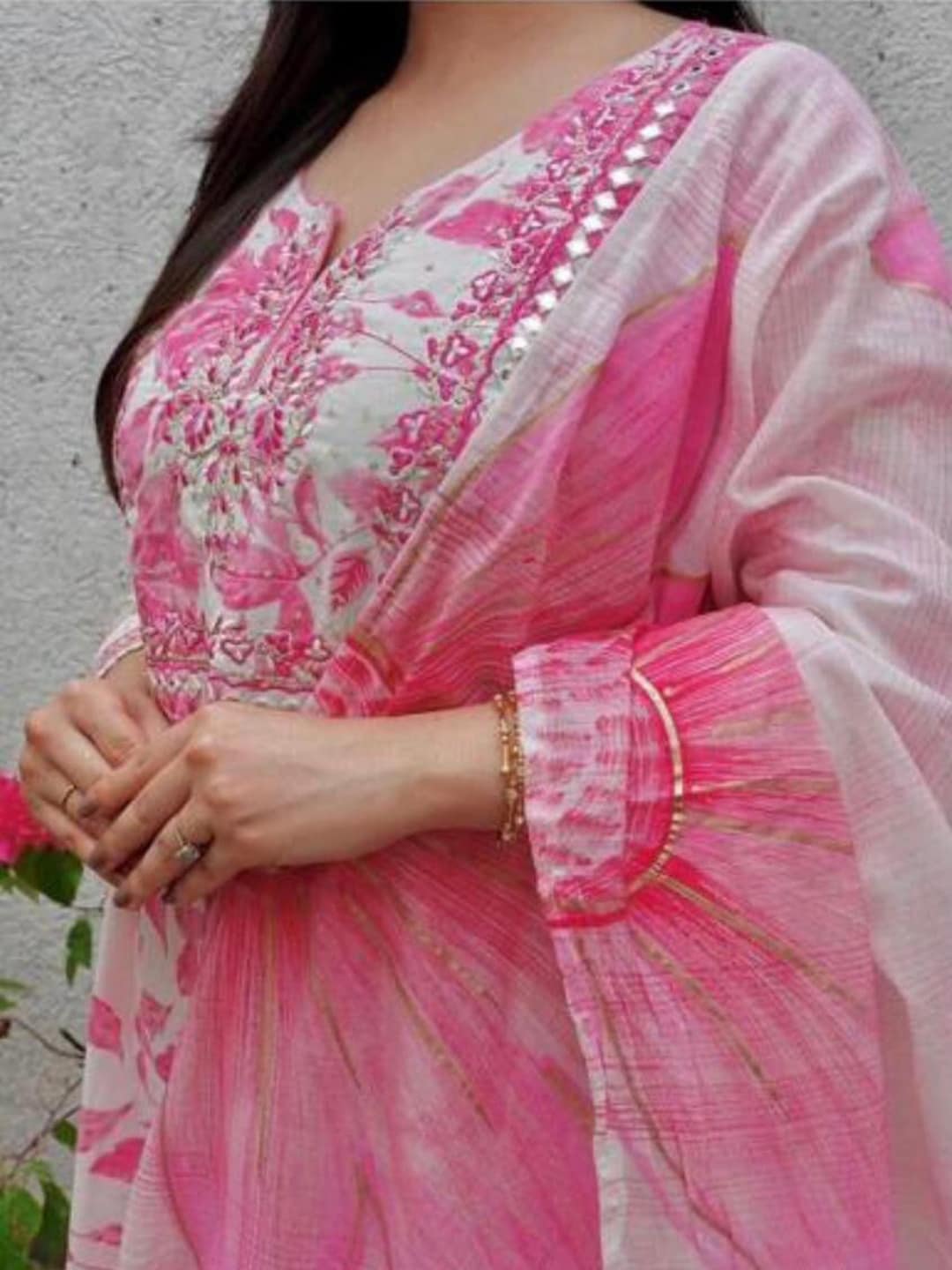 Kalini Floral Printed Mirror Work Anarkali Pure Cotton Kurta with Palazzo & Dupatta - Swadesiicart