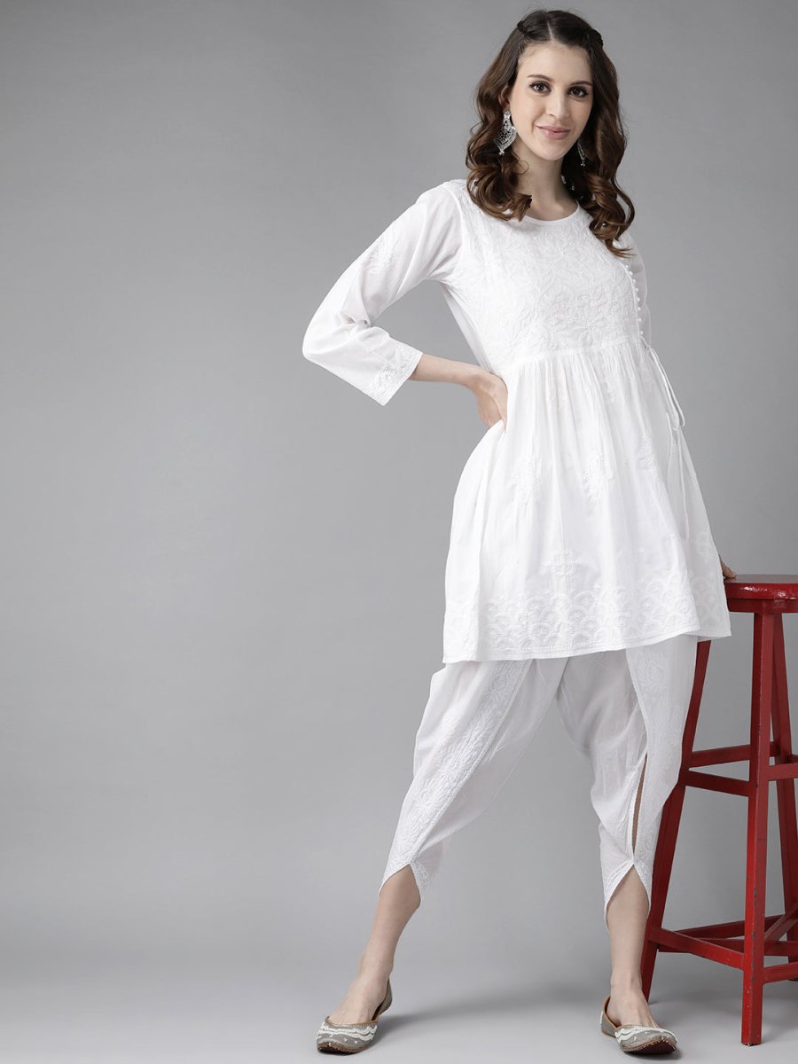 ADA Women White Cotton Sustainable Hand Embroidered Chikankari A-line Handloom Kurta & Dhoti Pants | Swadesiicart