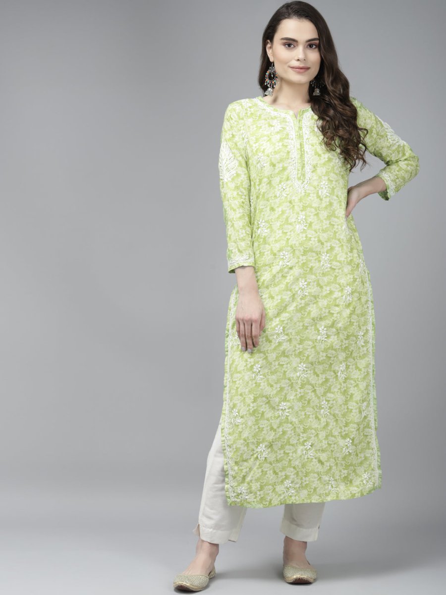 ADA Women Green & White Floral Chikankari Cotton Handloom Kurta | Swadesiicart