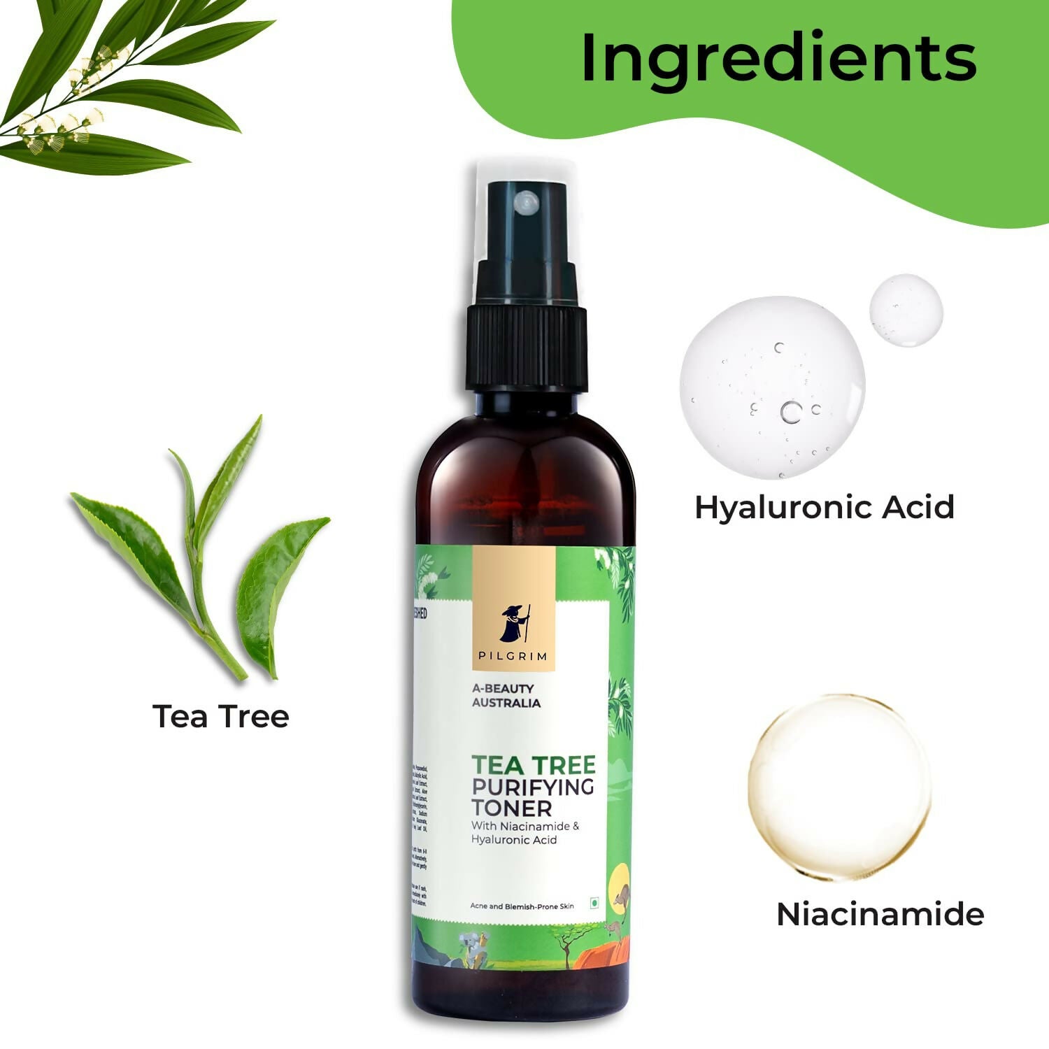 Pilgrim Tea Tree & 2% Niacinamide Face Toner For Oily Skin, Acne & Blemish Prone Skin, Pore Cleansing & Glowing Skin - Swadesiicart