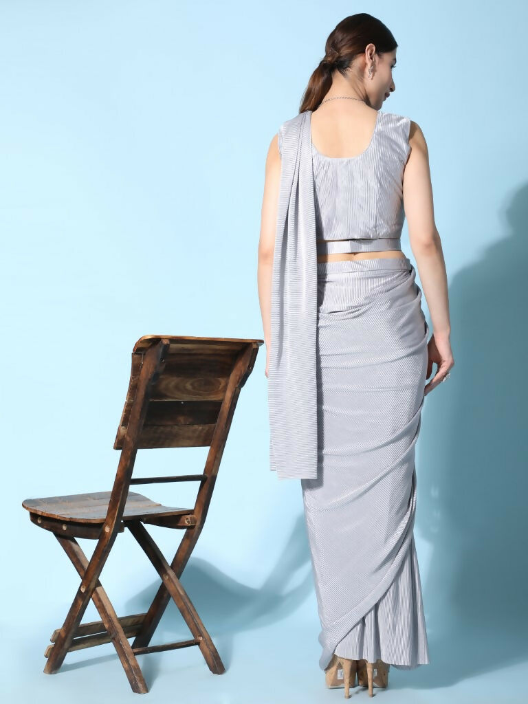 Grey Imported Crush Lycra Texture Pattern Ready to Wear Saree with stitched Blouse - Nirvana | Swadesiicart