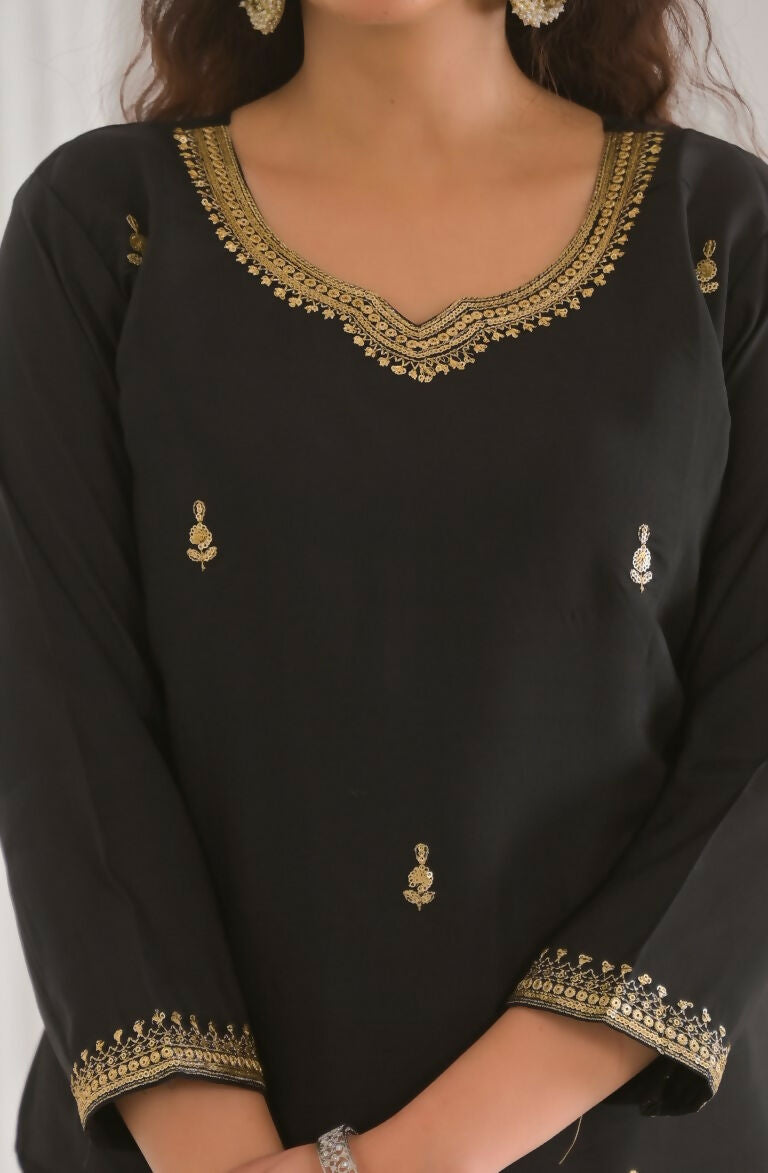 Ethnic Festive Wear Viscose Chanderi Black Stitched Suit With Dupatta - Tanisha | Swadesiicart