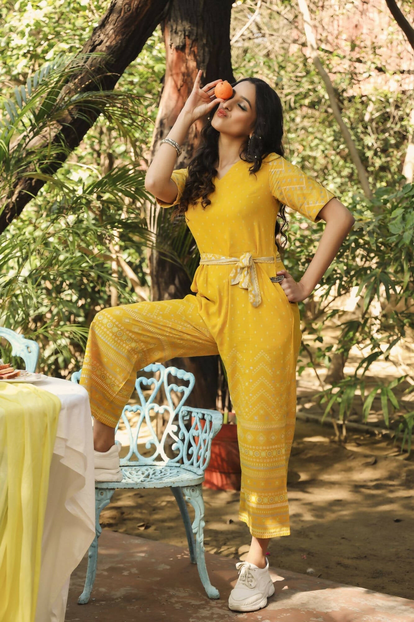 Juniper Women Mustard Rayon Flex Printed Straight Jumpsuit - Swadesiicart