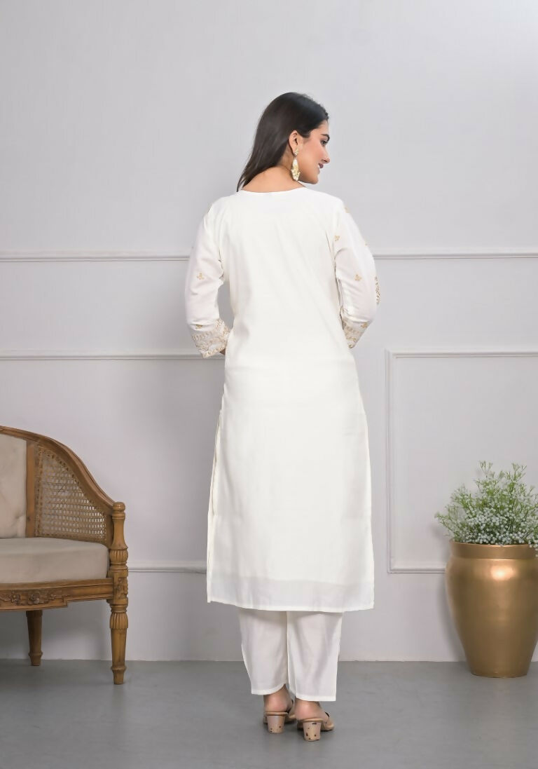 White Viscose Silk Embroidery with Thread and sequence Stitched Suit With Dupatta - Tanisha | Swadesiicart