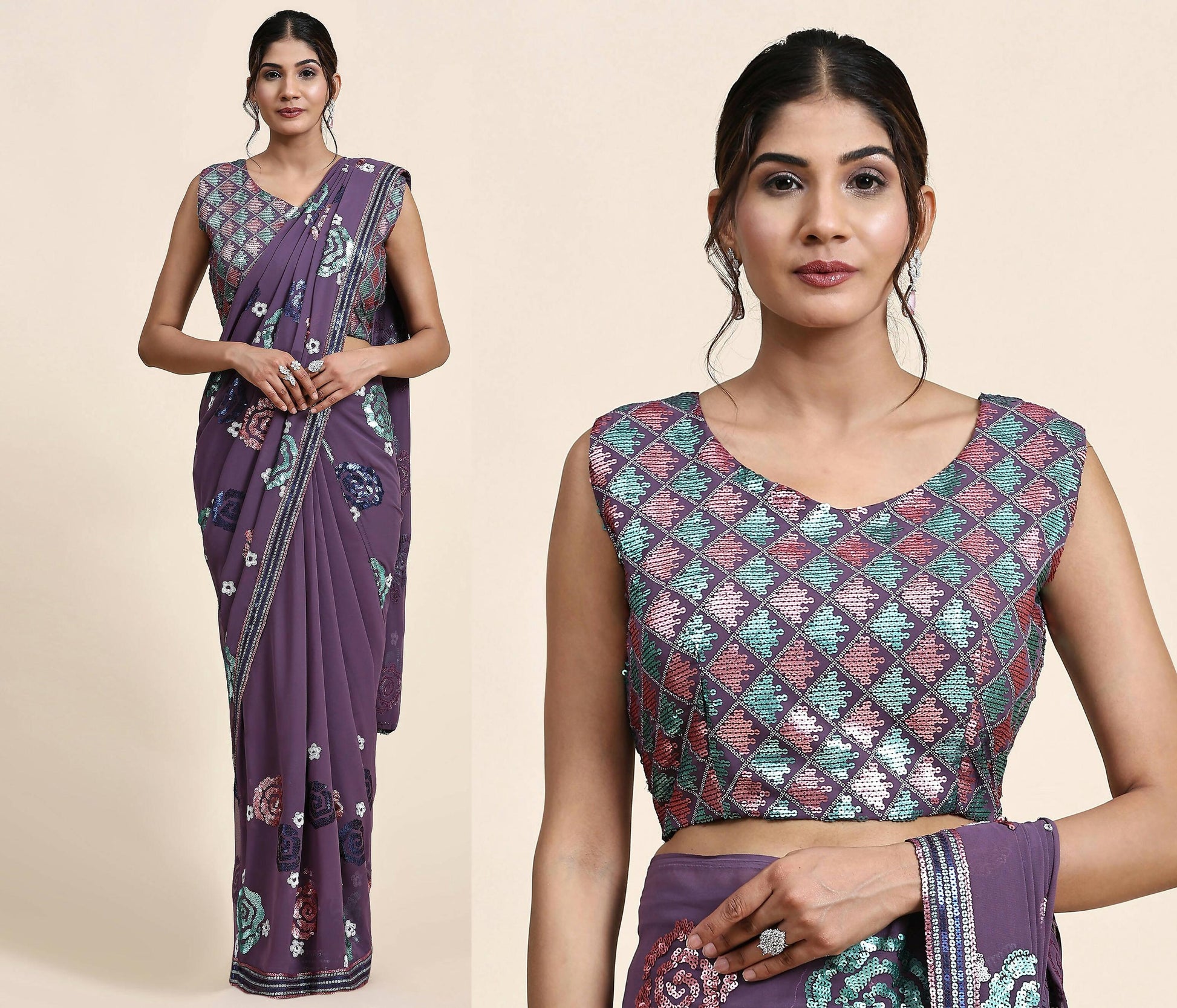 Purple Pure Georgette Sequence work Ready to wear Saree with stitched Blouse - Nirvana | Swadesiicart