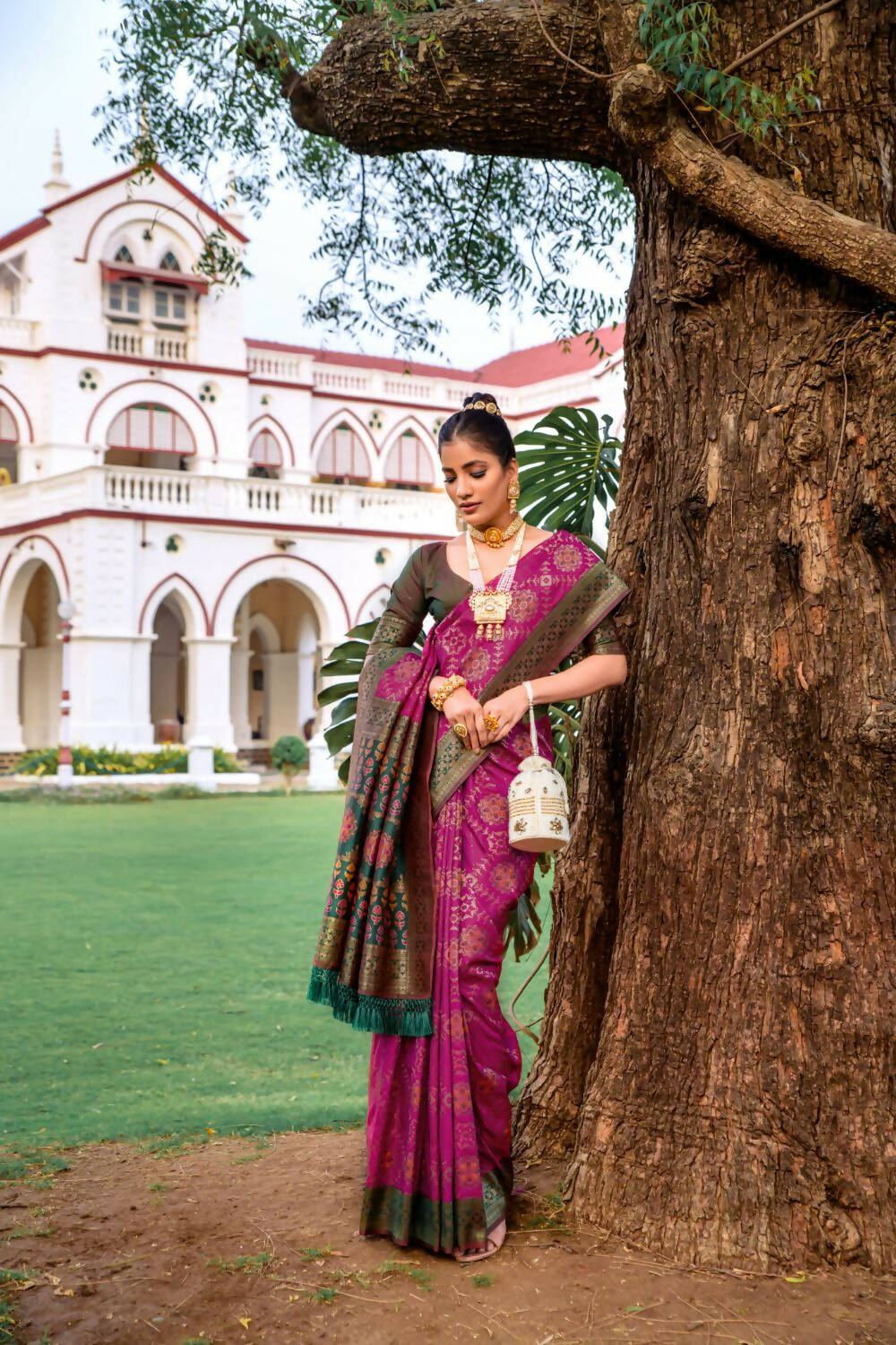 Vishnu Weaves Women's Wine Patola Banarasi Silk Meenakari Zari Woven Saree with Blouse - Swadesiicart