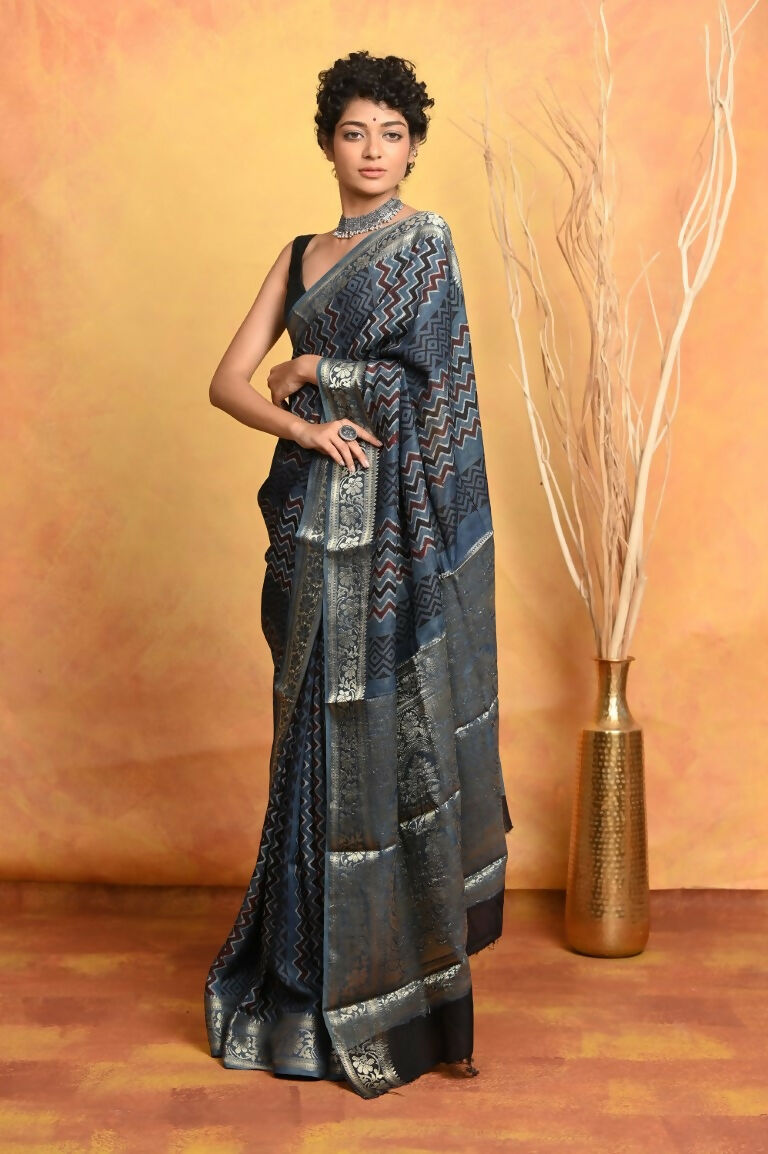 Very Much Indian Modal Silk Ajrakh Handblock Printed Natural Dyes With Designer Border Saree - Grey | Swadesiicart