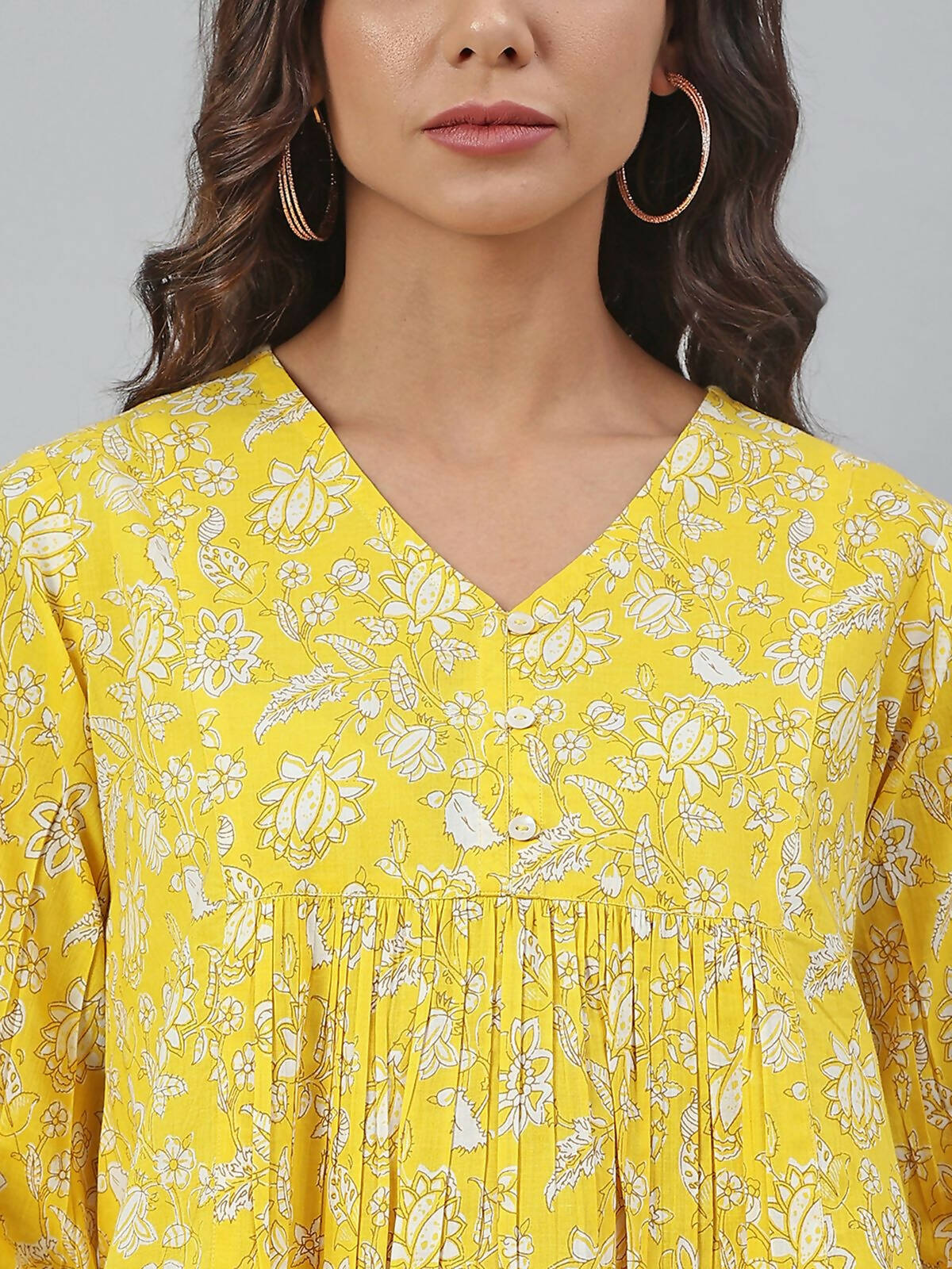 Janasya Women's Yellow Cotton Floral Print Flared Top | Swadesiicart