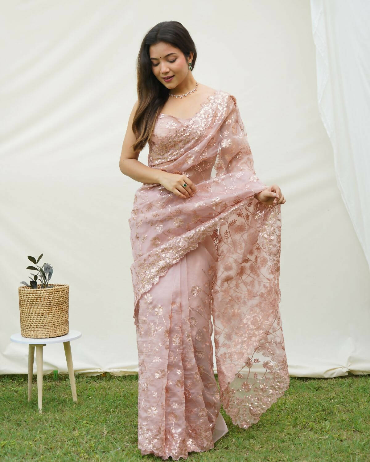 Vamsee Brown Organza Saree - Swadesiicart